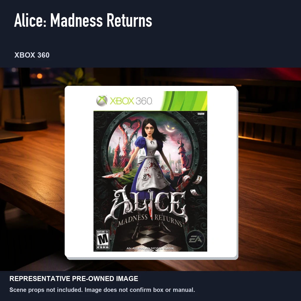 Representative pre-owned Alice: Madness Returns (Xbox 360), product image in a styled desk scene.