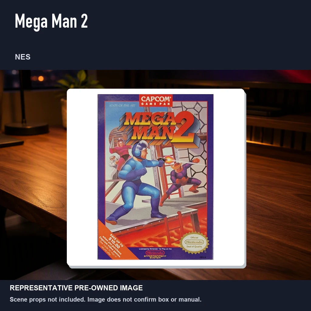Representative pre-owned Mega Man 2 (NES), product image in a styled desk scene.