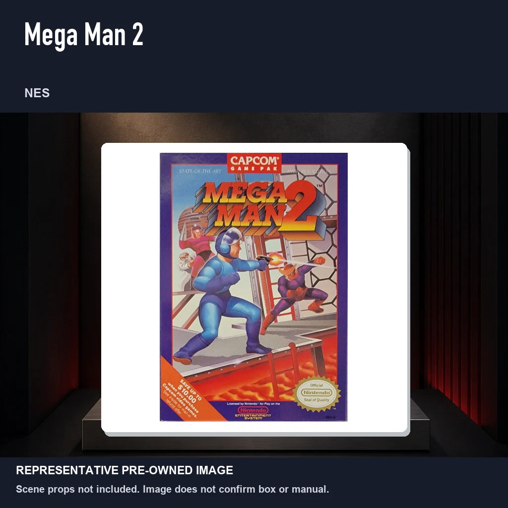 Representative pre-owned Mega Man 2 (NES), product image on a display panel.