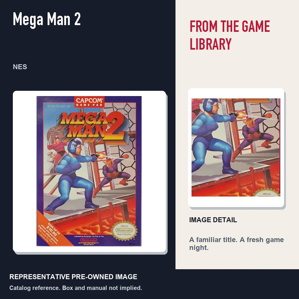 Representative pre-owned Mega Man 2 (NES), editorial image and detail.