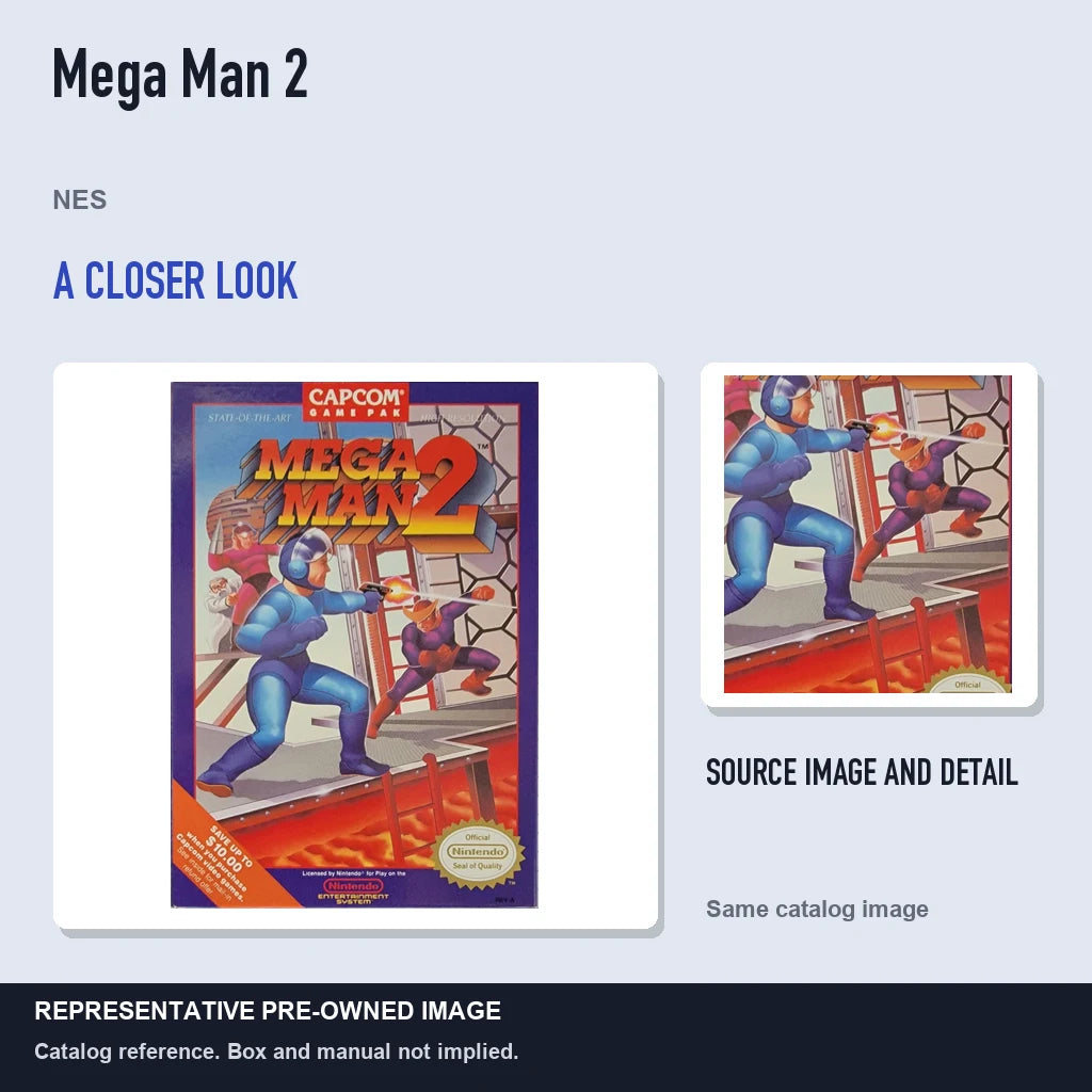 Representative pre-owned Mega Man 2 (NES), full image with detail inset.