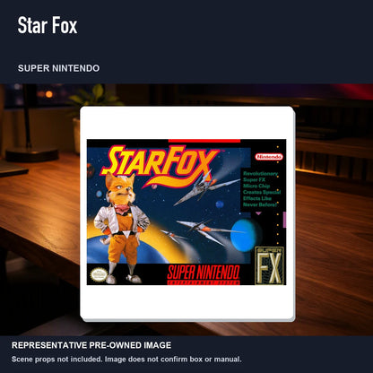 Representative pre-owned Star Fox (Super Nintendo), product image in a styled desk scene.