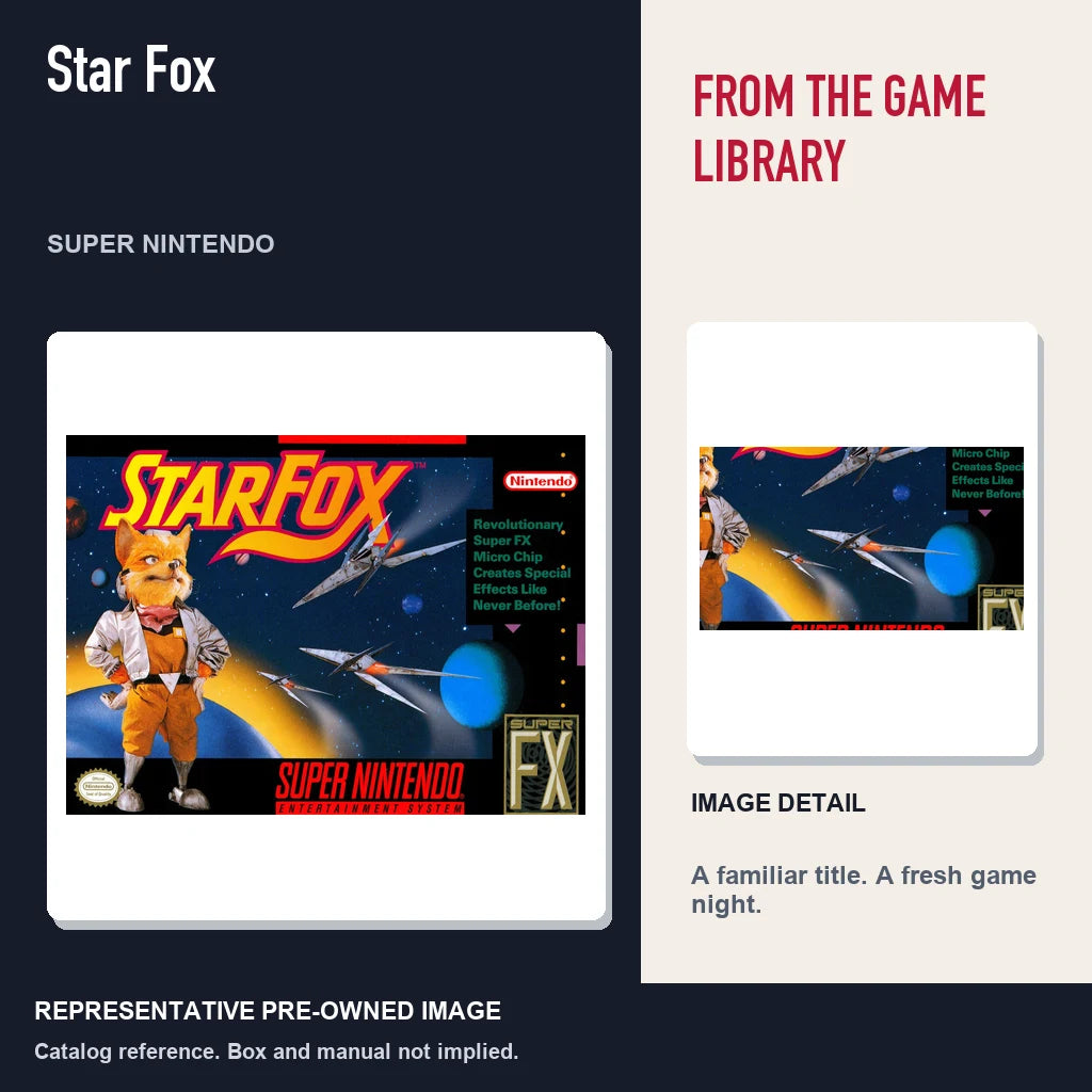 Representative pre-owned Star Fox (Super Nintendo), editorial image and detail.