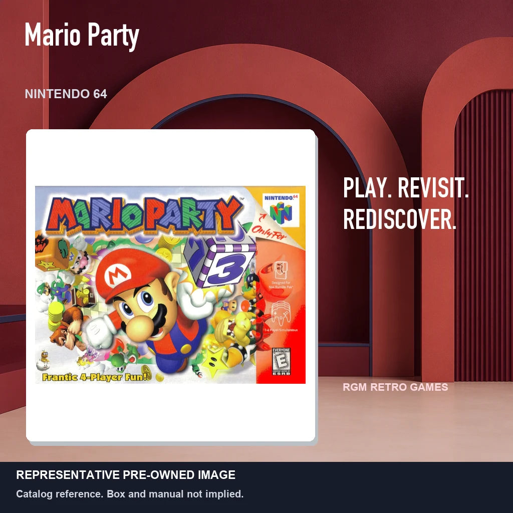 Representative pre-owned Mario Party (Nintendo 64), red retro product layout.