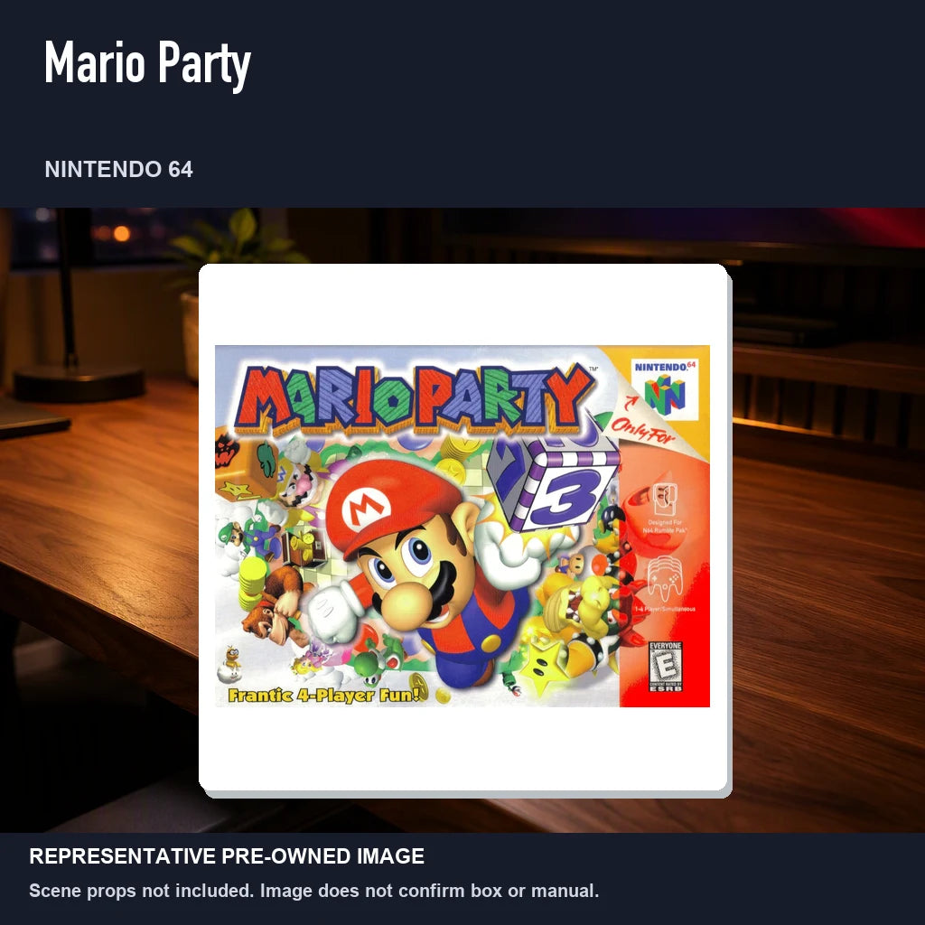 Representative pre-owned Mario Party (Nintendo 64), product image in a styled desk scene.