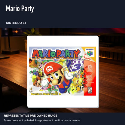 Representative pre-owned Mario Party (Nintendo 64), product image in a styled desk scene.