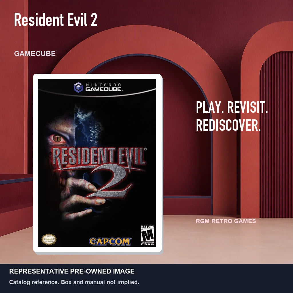 Representative pre-owned Resident Evil 2 (GameCube), red retro product layout.