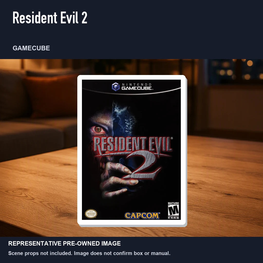 Representative pre-owned Resident Evil 2 (GameCube), product image in a styled room scene.
