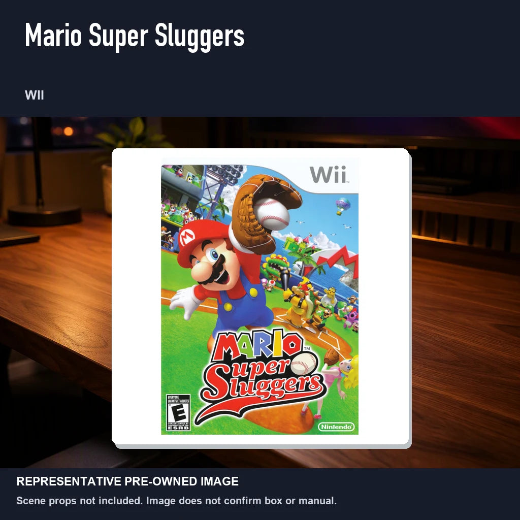 Representative pre-owned Mario Super Sluggers (Wii), product image in a styled desk scene.