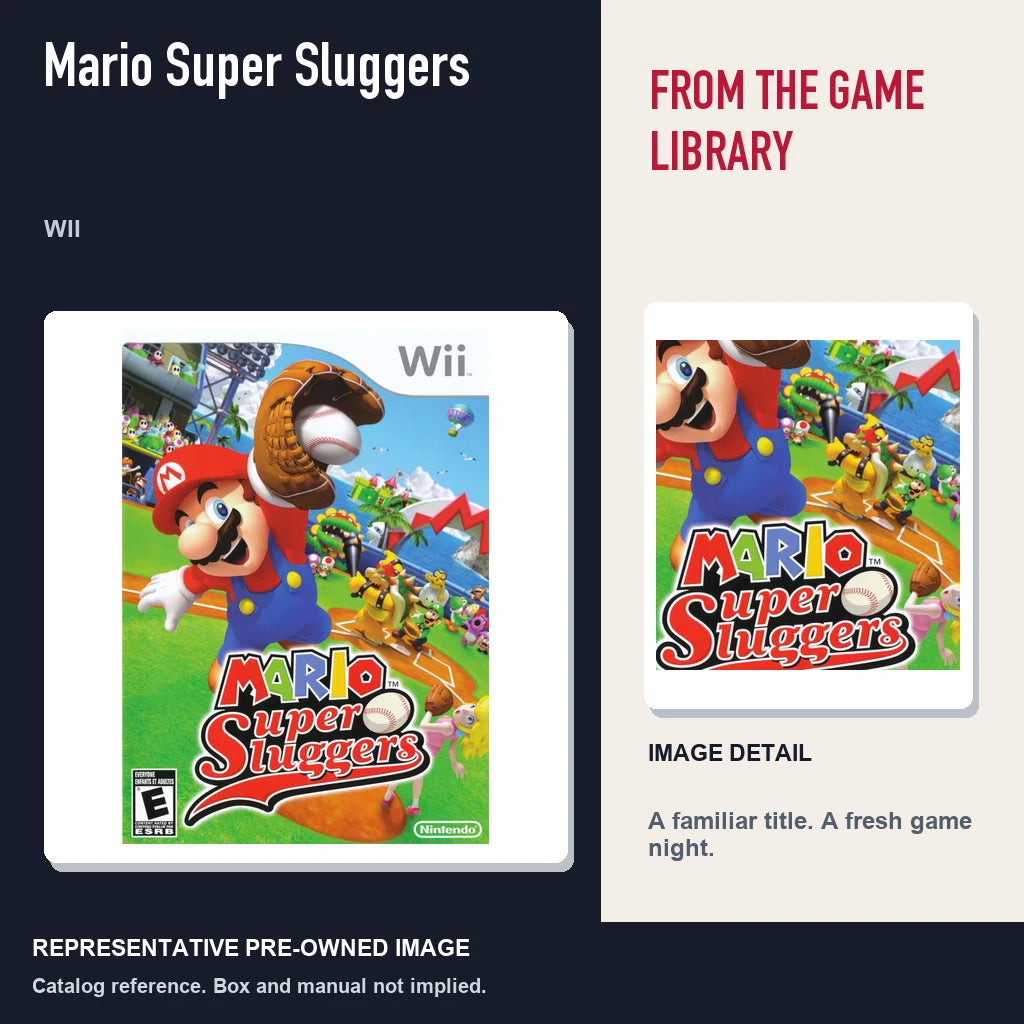 Representative pre-owned Mario Super Sluggers (Wii), editorial image and detail.