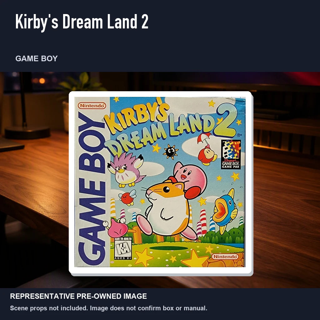 Representative pre-owned Kirby's Dream Land 2 (Game Boy), product image in a styled desk scene.