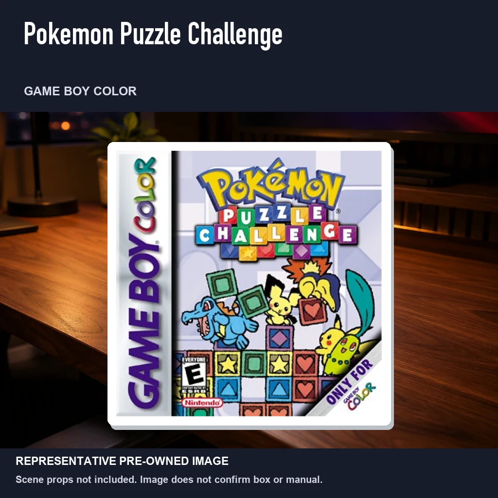 Representative pre-owned Pokemon Puzzle Challenge (Game Boy Color), product image in a styled desk scene.