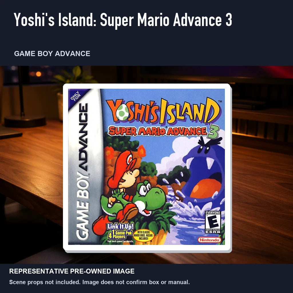 Representative pre-owned Yoshi's Island: Super Mario Advance 3 (Game Boy Advance), product image in a styled desk scene.