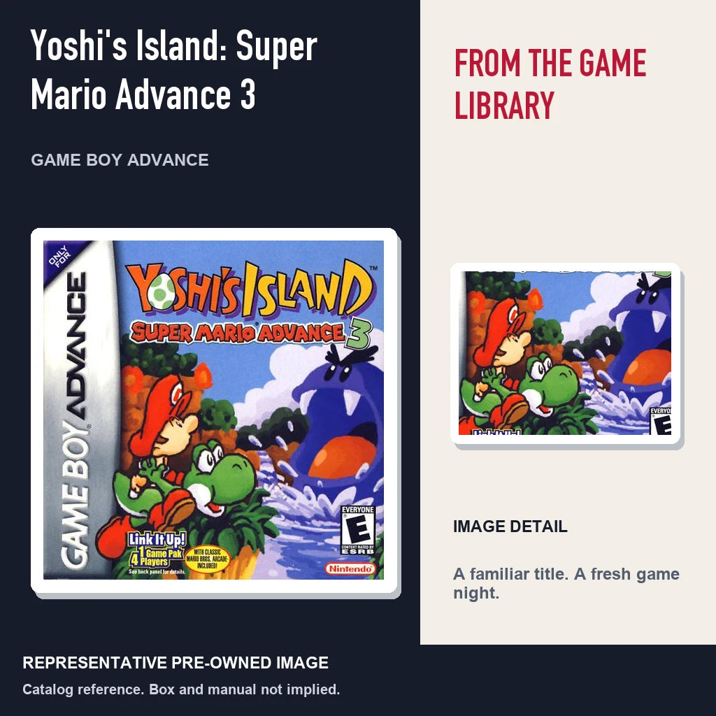 Representative pre-owned Yoshi's Island: Super Mario Advance 3 (Game Boy Advance), editorial image and detail.