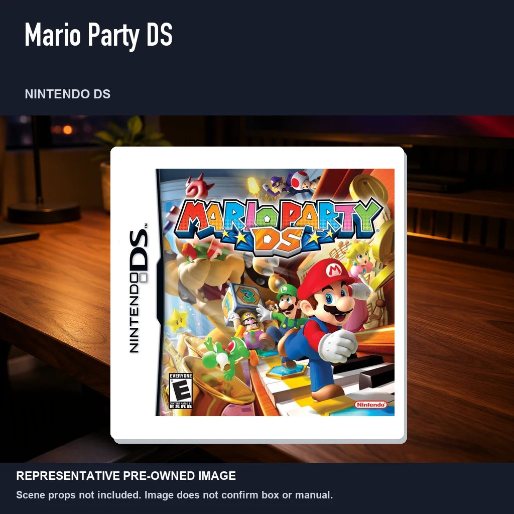 Representative pre-owned Mario Party DS (Nintendo DS), product image in a styled desk scene.