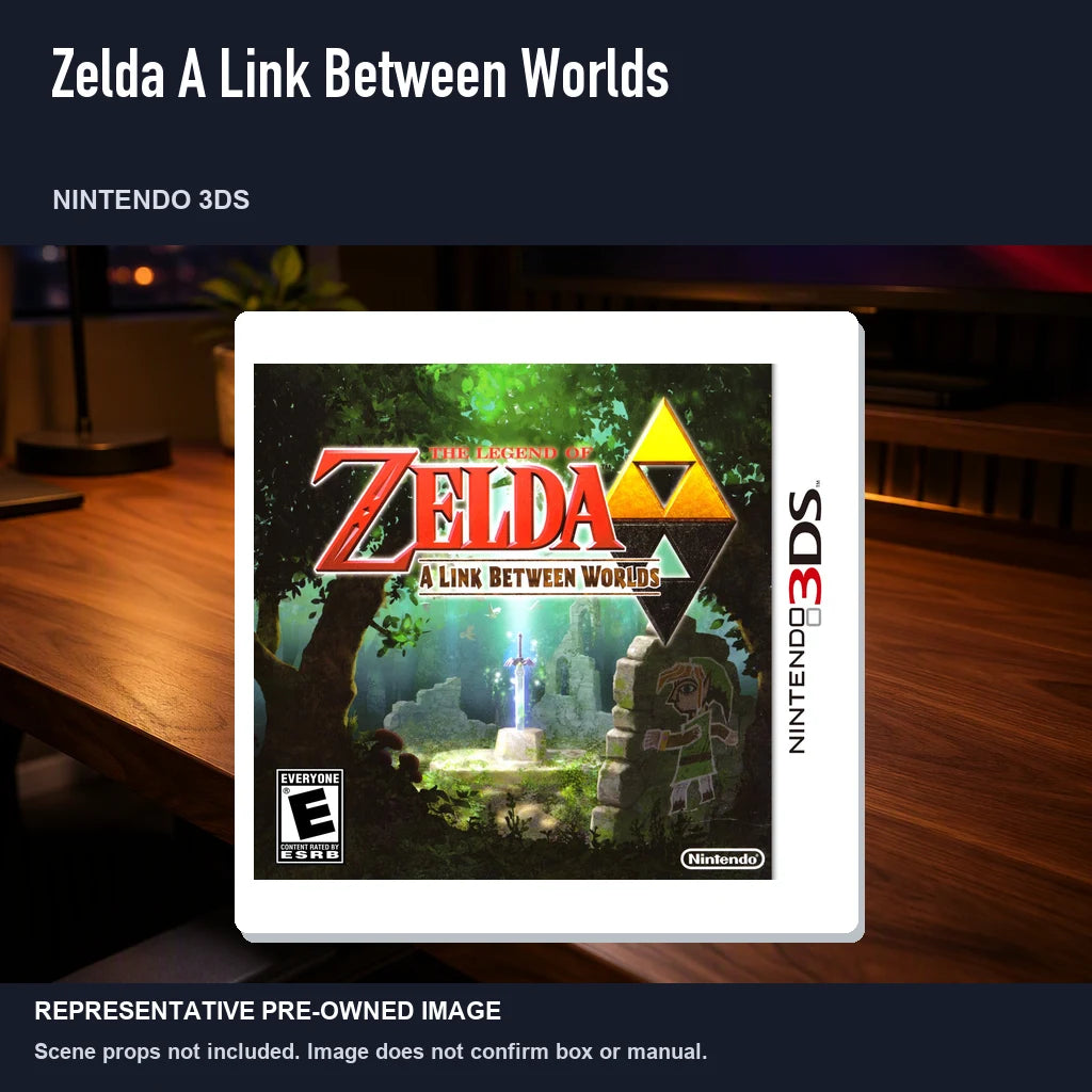 Representative pre-owned Zelda A Link Between Worlds (Nintendo 3DS), product image in a styled desk scene.