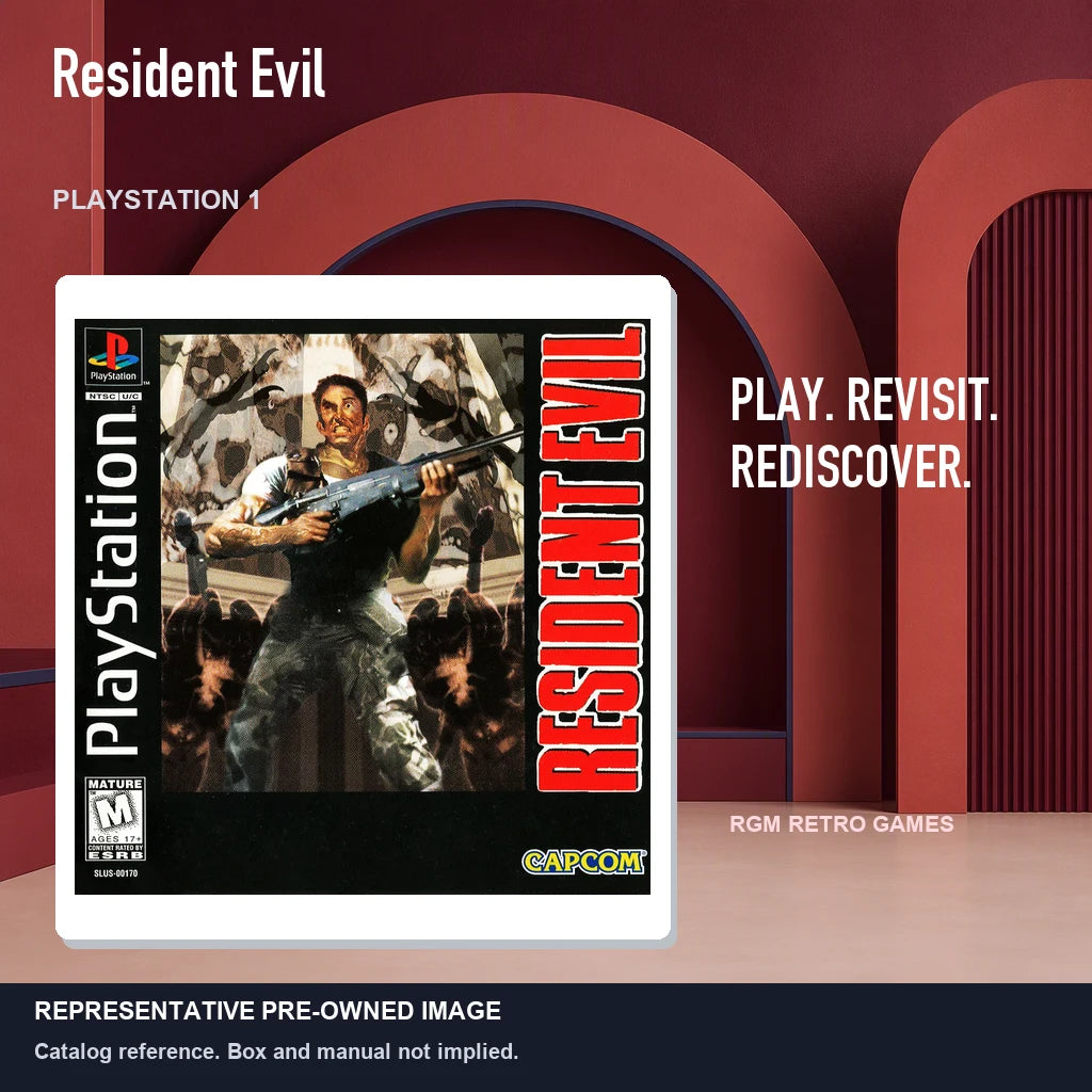 Representative pre-owned Resident Evil (PlayStation 1), red retro product layout.