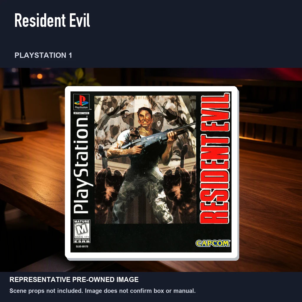 Representative pre-owned Resident Evil (PlayStation 1), product image in a styled desk scene.