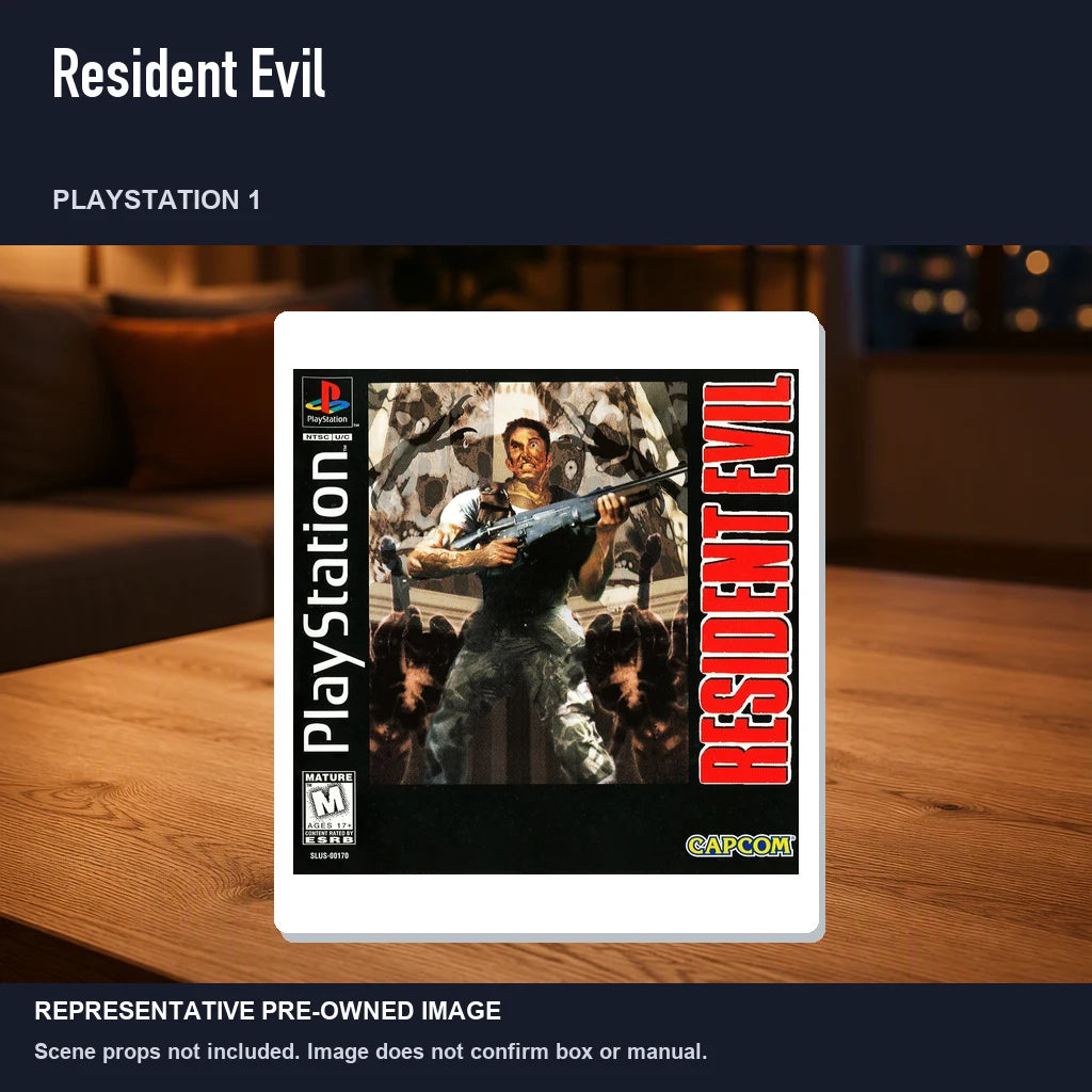 Representative pre-owned Resident Evil (PlayStation 1), product image in a styled room scene.