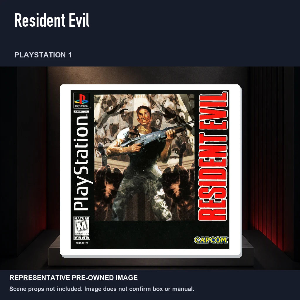 Representative pre-owned Resident Evil (PlayStation 1), product image on a display panel.