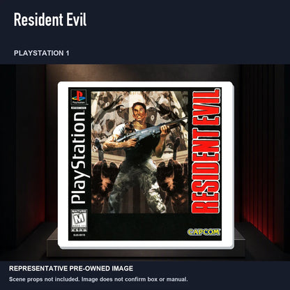 Representative pre-owned Resident Evil (PlayStation 1), product image on a display panel.