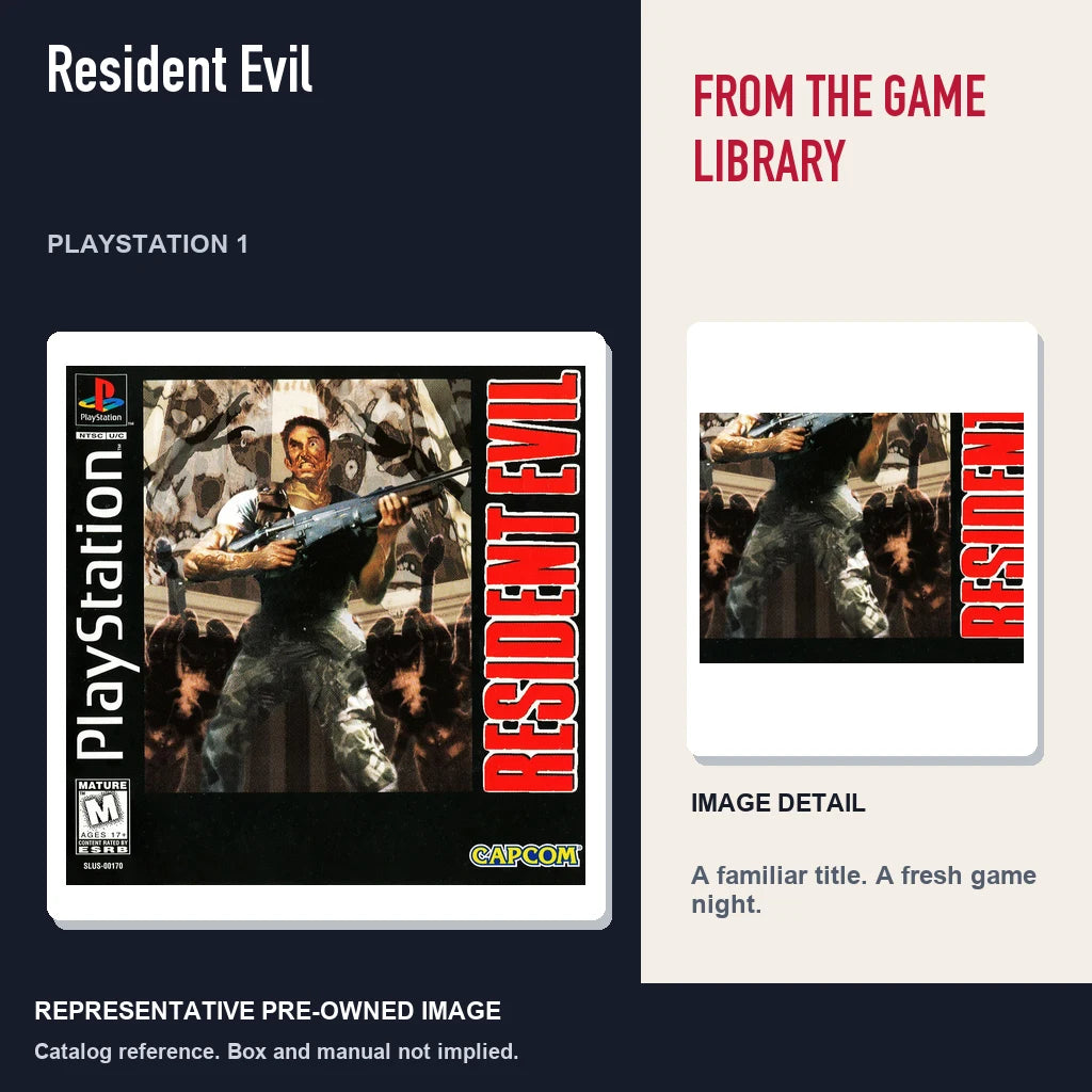 Representative pre-owned Resident Evil (PlayStation 1), editorial image and detail.