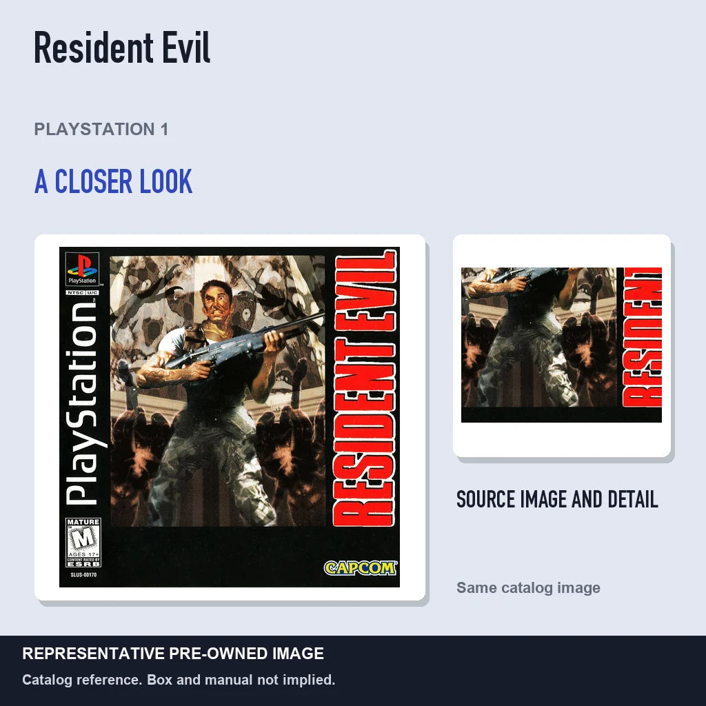 Representative pre-owned Resident Evil (PlayStation 1), full image with detail inset.