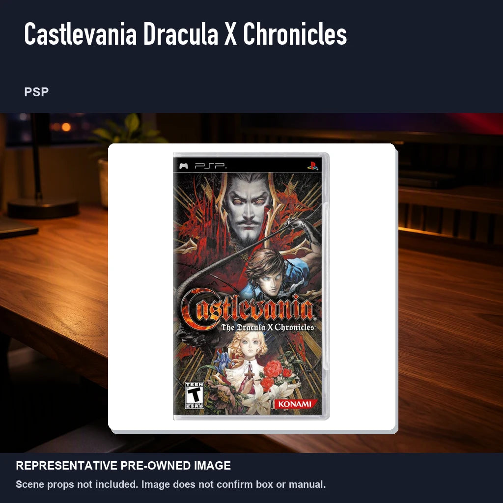 Representative pre-owned Castlevania Dracula X Chronicles (PSP), product image in a styled desk scene.