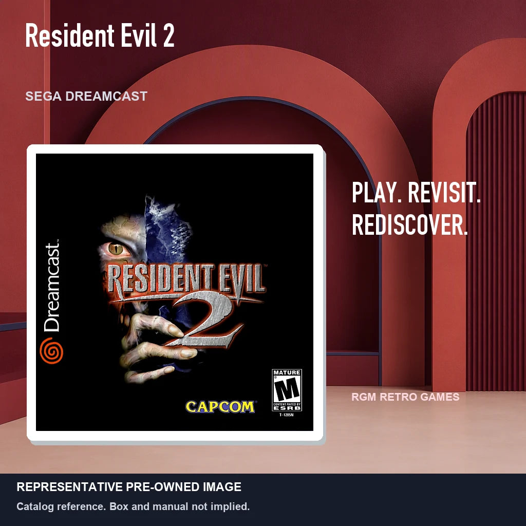 Representative pre-owned Resident Evil 2 (Sega Dreamcast), red retro product layout.
