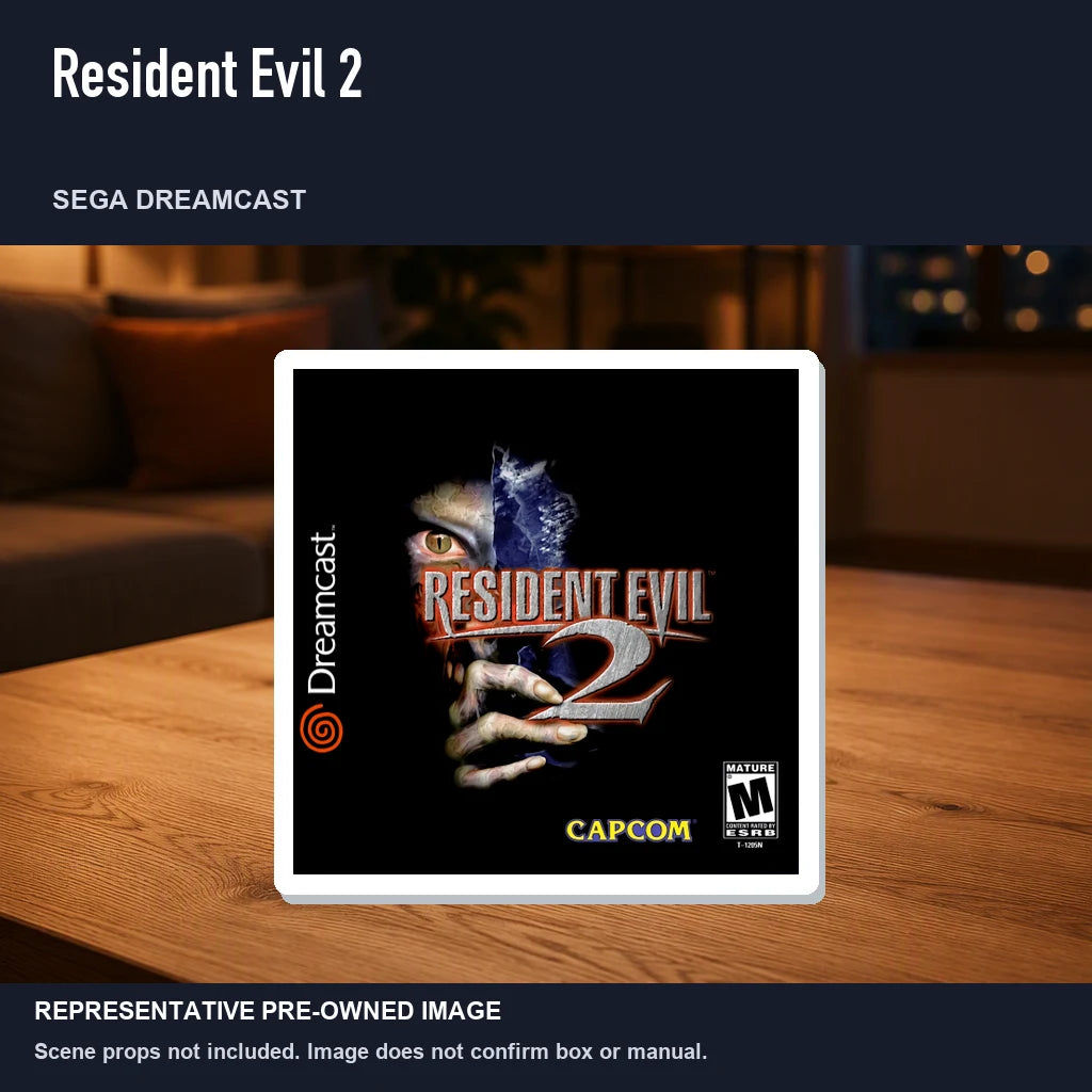 Representative pre-owned Resident Evil 2 (Sega Dreamcast), product image in a styled room scene.