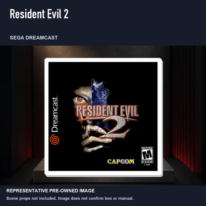 Representative pre-owned Resident Evil 2 (Sega Dreamcast), product image on a display panel.