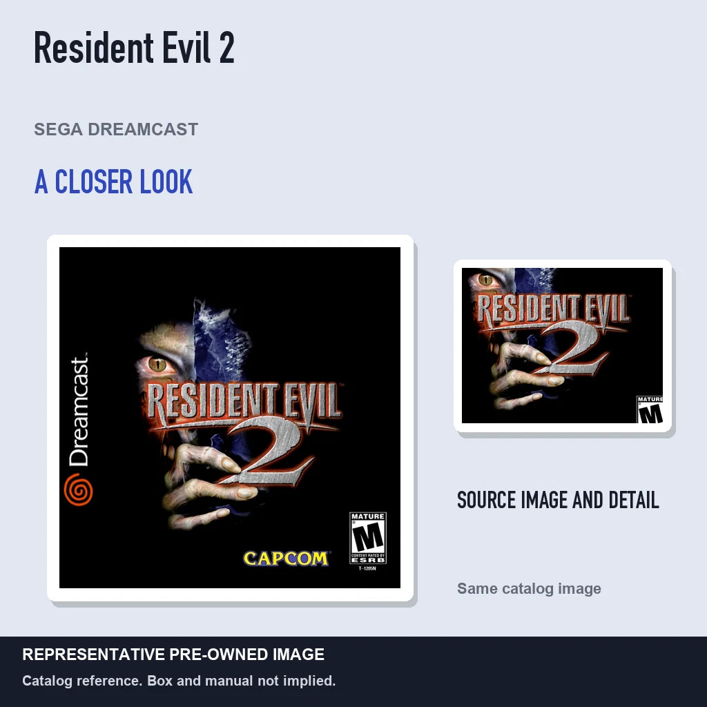 Representative pre-owned Resident Evil 2 (Sega Dreamcast), full image with detail inset.