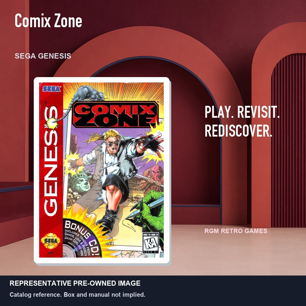 Representative pre-owned Comix Zone (Sega Genesis), red retro product layout.