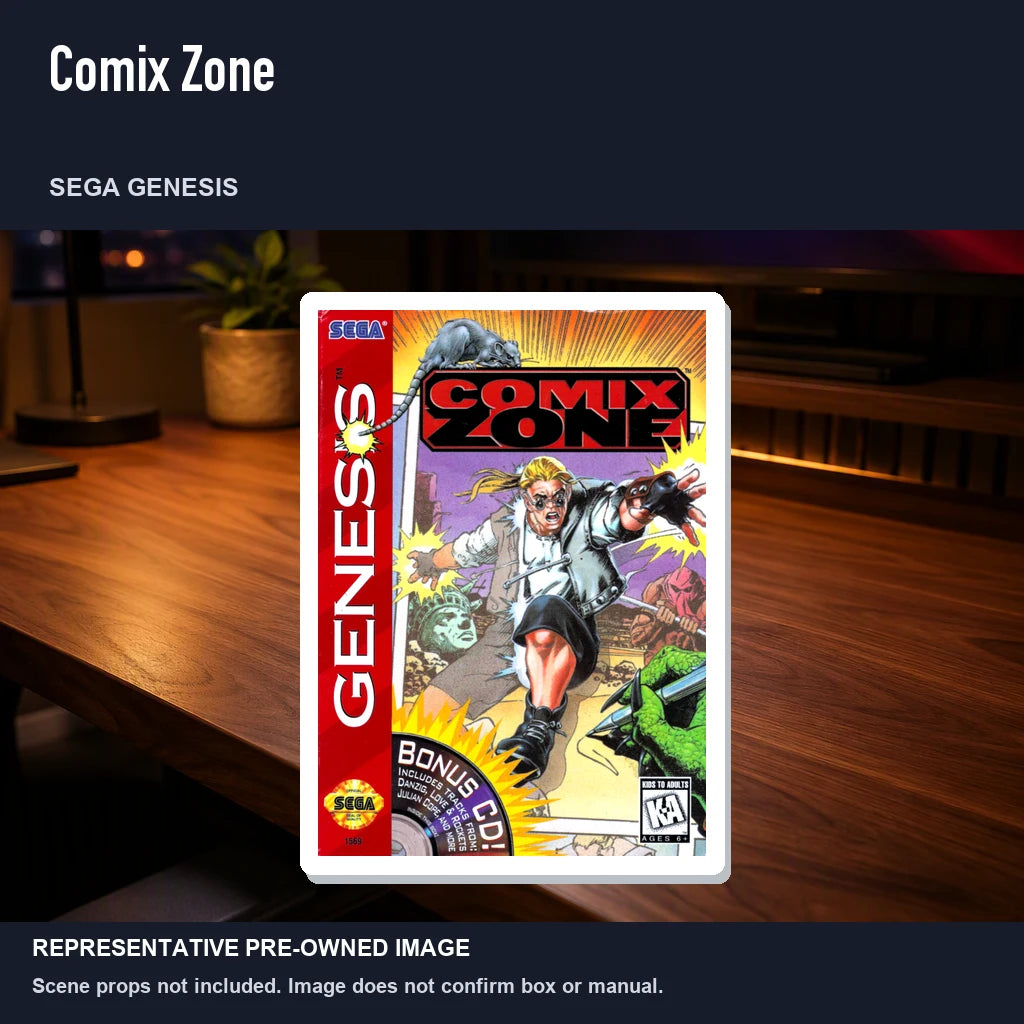 Representative pre-owned Comix Zone (Sega Genesis), product image in a styled desk scene.