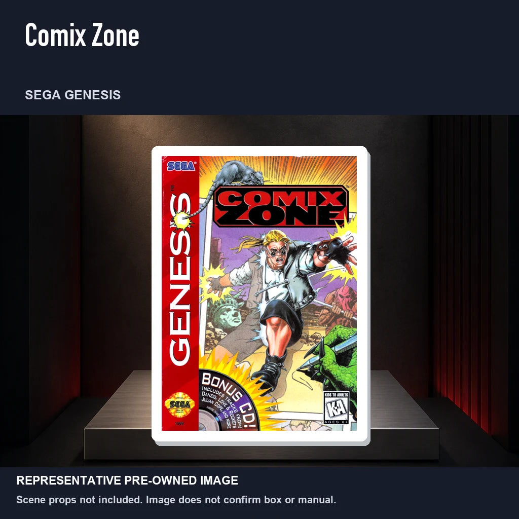 Representative pre-owned Comix Zone (Sega Genesis), product image on a display panel.