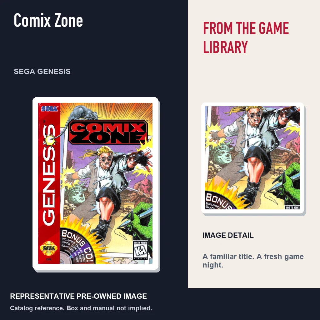 Representative pre-owned Comix Zone (Sega Genesis), editorial image and detail.