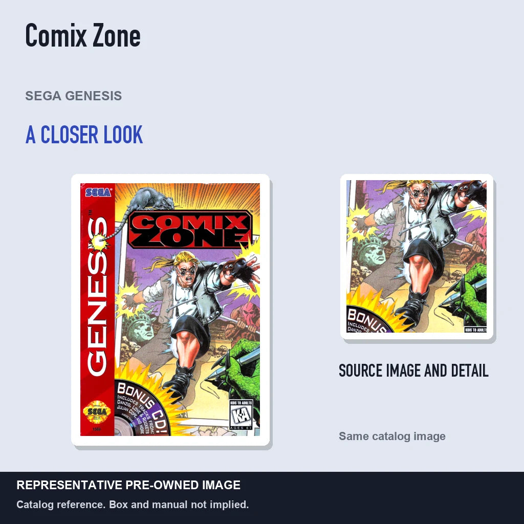 Representative pre-owned Comix Zone (Sega Genesis), full image with detail inset.