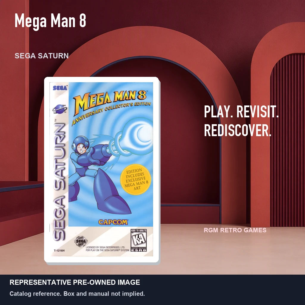 Representative pre-owned Mega Man 8 (Sega Saturn), red retro product layout.