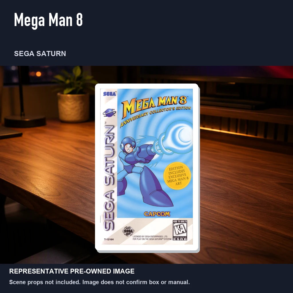 Representative pre-owned Mega Man 8 (Sega Saturn), product image in a styled desk scene.