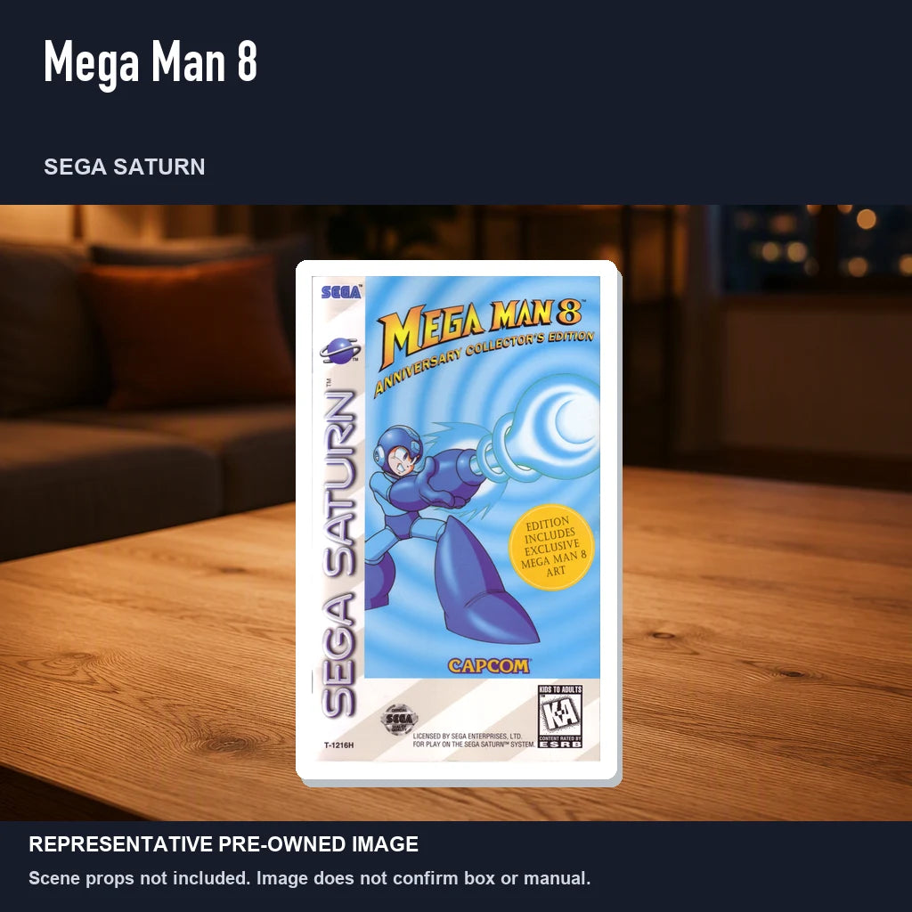 Representative pre-owned Mega Man 8 (Sega Saturn), product image in a styled room scene.