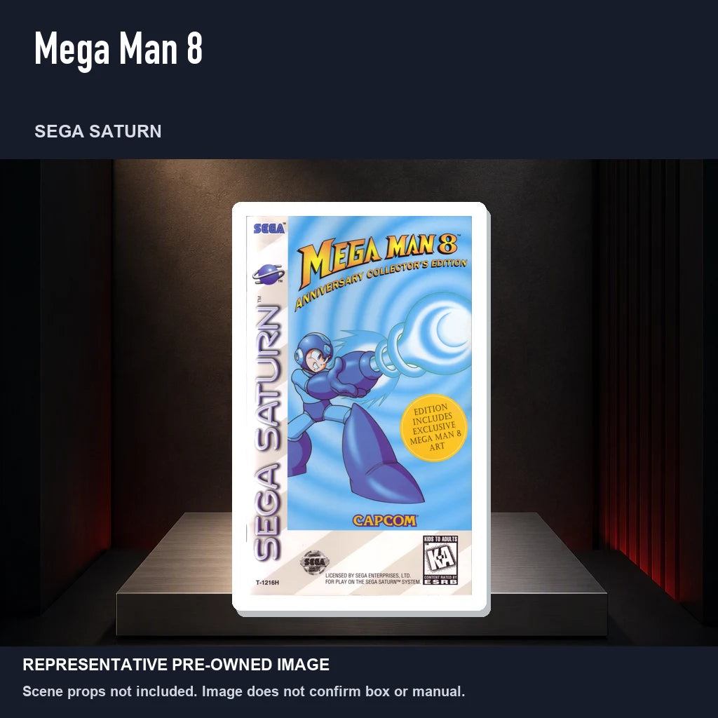 Representative pre-owned Mega Man 8 (Sega Saturn), product image on a display panel.