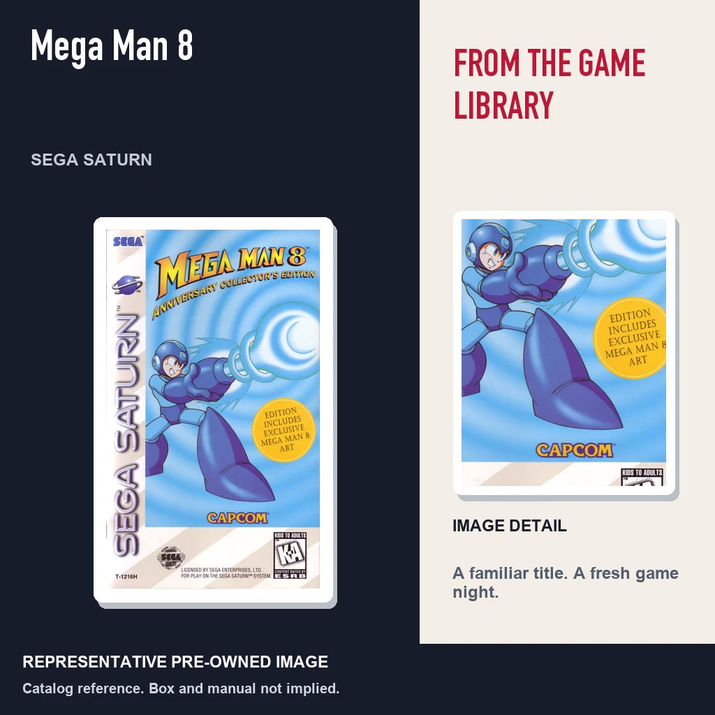 Representative pre-owned Mega Man 8 (Sega Saturn), editorial image and detail.
