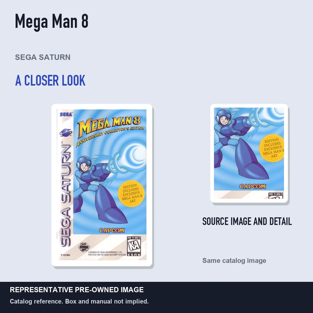 Representative pre-owned Mega Man 8 (Sega Saturn), full image with detail inset.