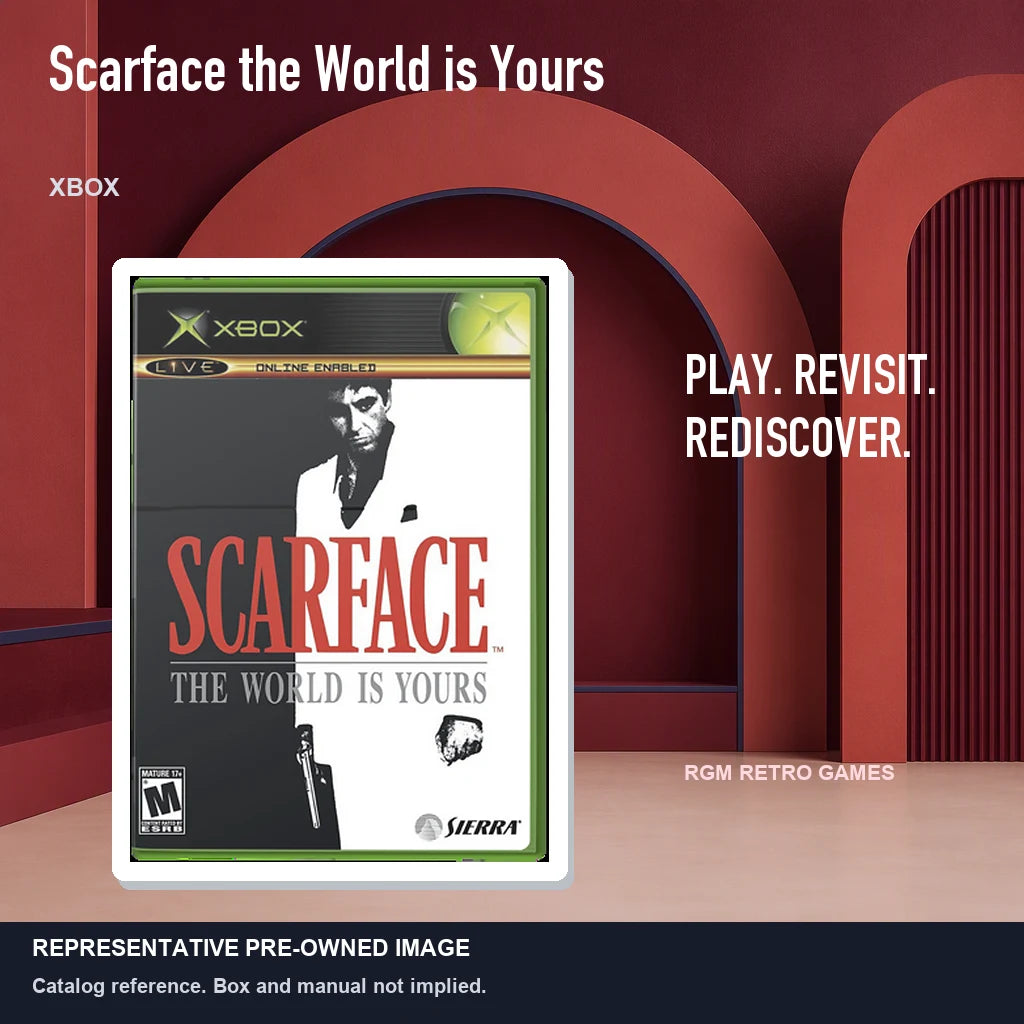 Representative pre-owned Scarface the World is Yours (Xbox), red retro product layout.