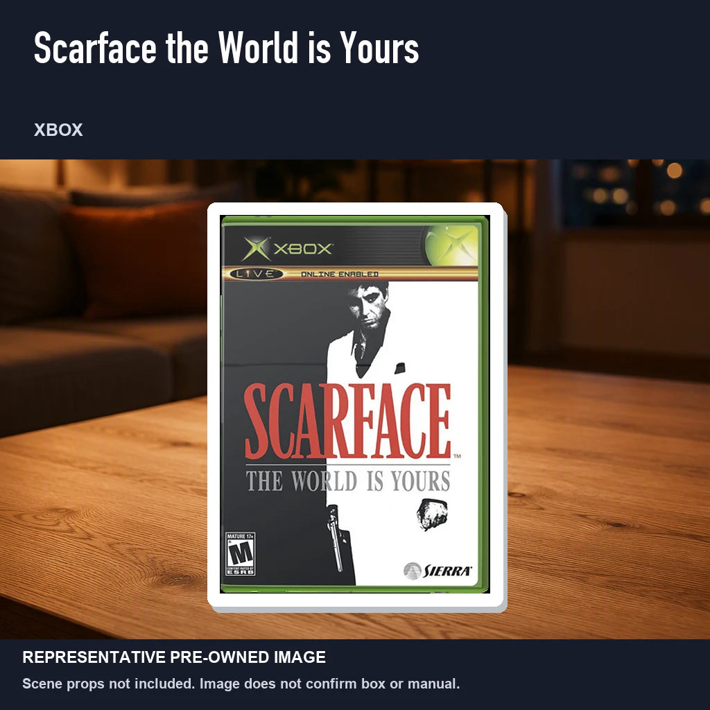 Representative pre-owned Scarface the World is Yours (Xbox), product image in a styled room scene.