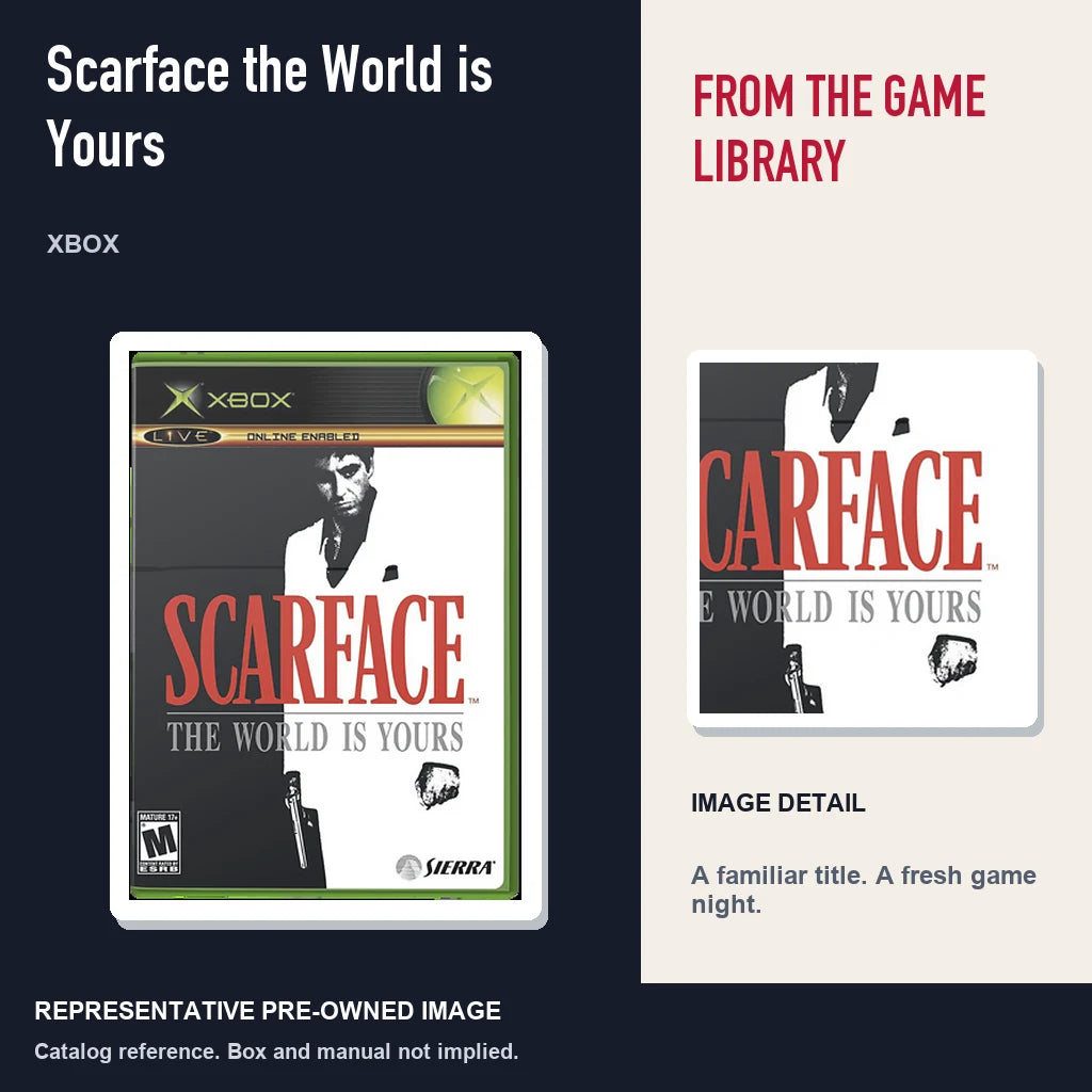 Representative pre-owned Scarface the World is Yours (Xbox), editorial image and detail.