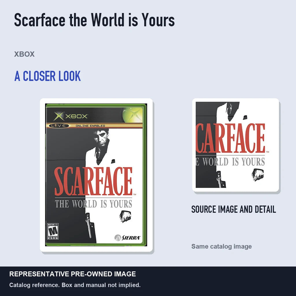 Representative pre-owned Scarface the World is Yours (Xbox), full image with detail inset.