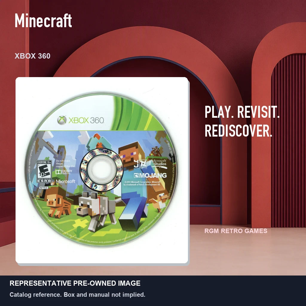 Representative pre-owned Minecraft (Xbox 360), red retro product layout.