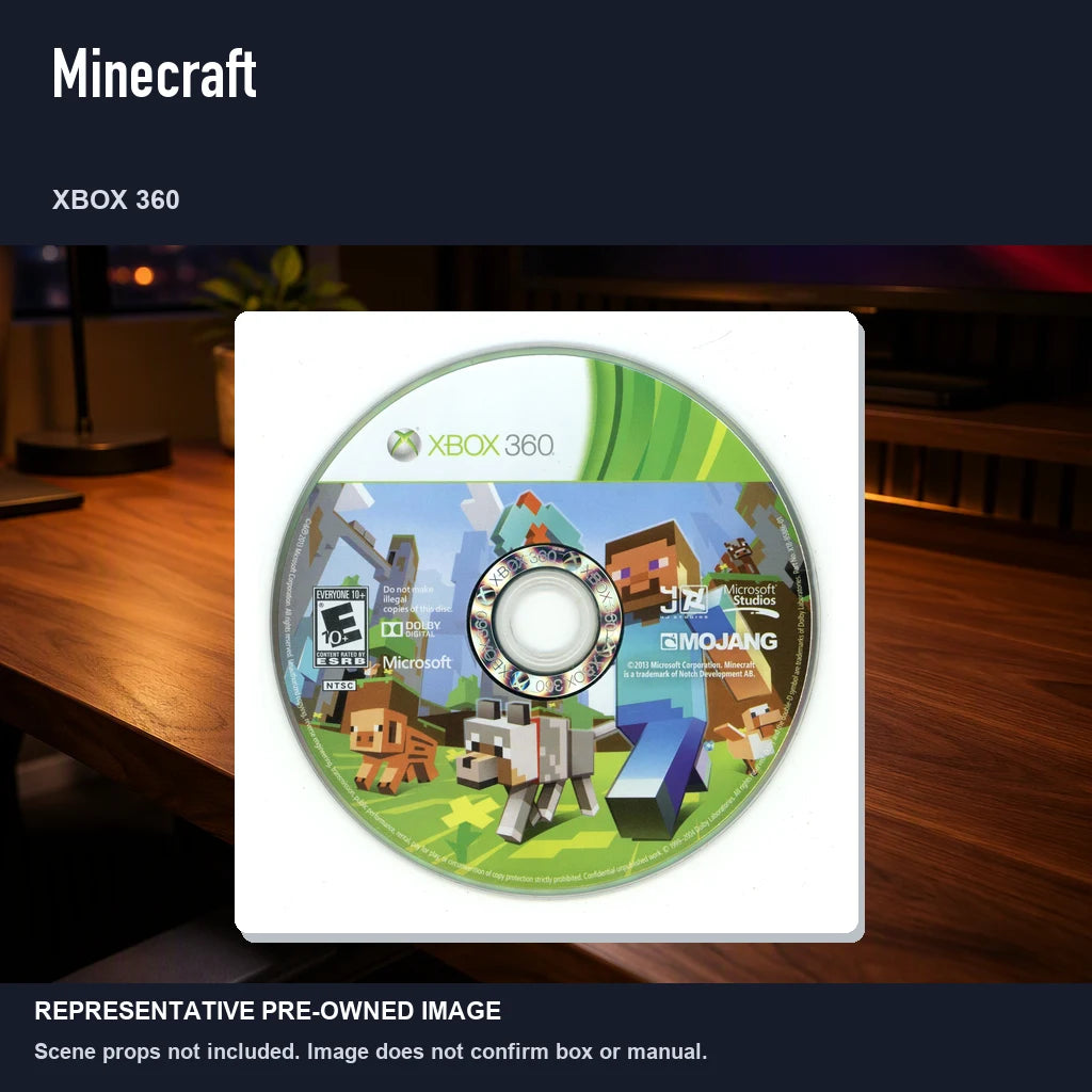 Representative pre-owned Minecraft (Xbox 360), product image in a styled desk scene.