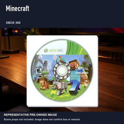 Representative pre-owned Minecraft (Xbox 360), product image in a styled desk scene.